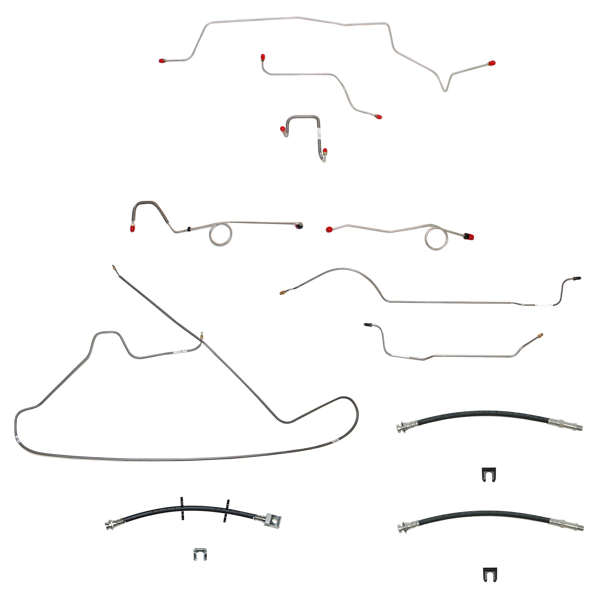 67 Mopar B-Body, Standard Drum Brakes, Right Front Clips under Column then straight Across Firewall, 8 3/4 Axle; Complete Brake Line and Hose Kit; Stainless