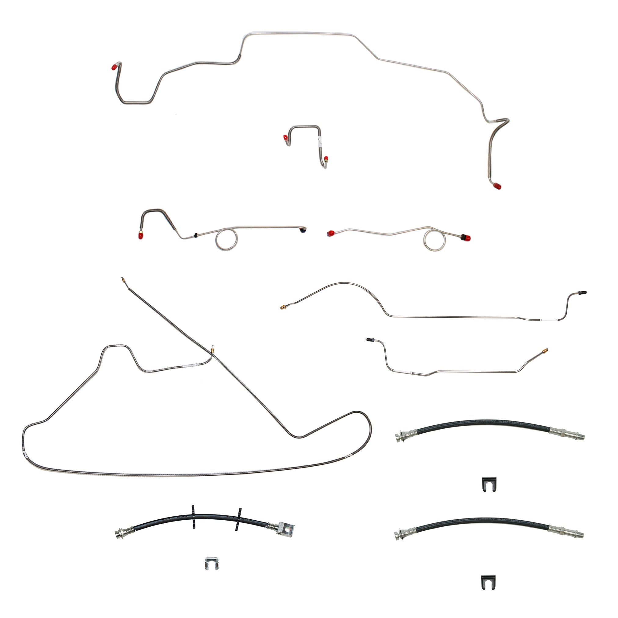 67 Mopar B-Body, Standard Drum Brakes, Right Front to Fender then Rises 4.5'' Above Bell housing then routes UNDER Frame Rail, 8 3/4 Axle; Complete Brake Line and Hose Kit; Steel