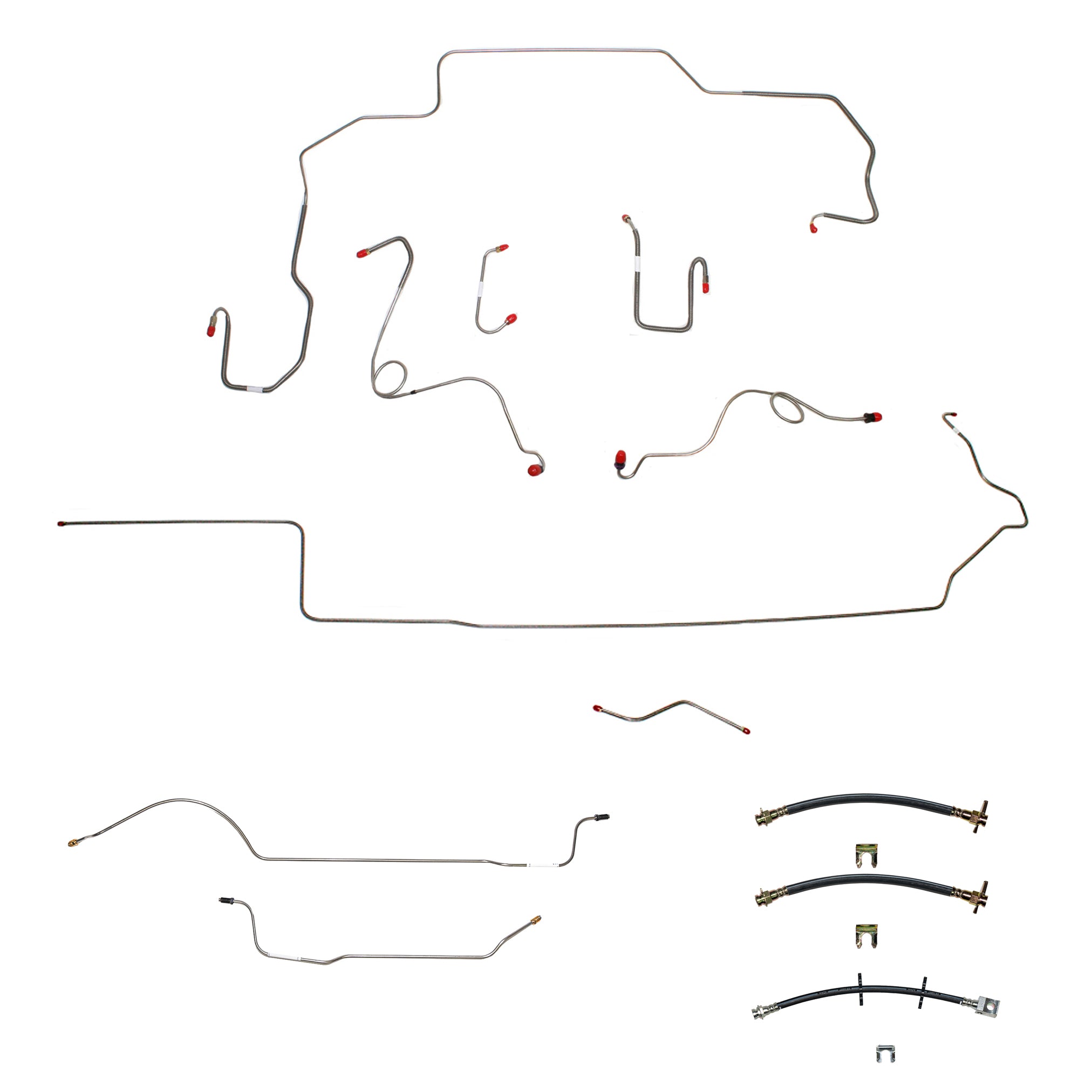 69-70 Mopar B-Body, Power Disc Brakes, Right Ported Master Cylinder, Right Front to Fender then Rises 4.5" Above Bell housing then routes UNDER Frame Rail, 8 3/4 Axle; Complete Brake Line and Hose Kit; Steel