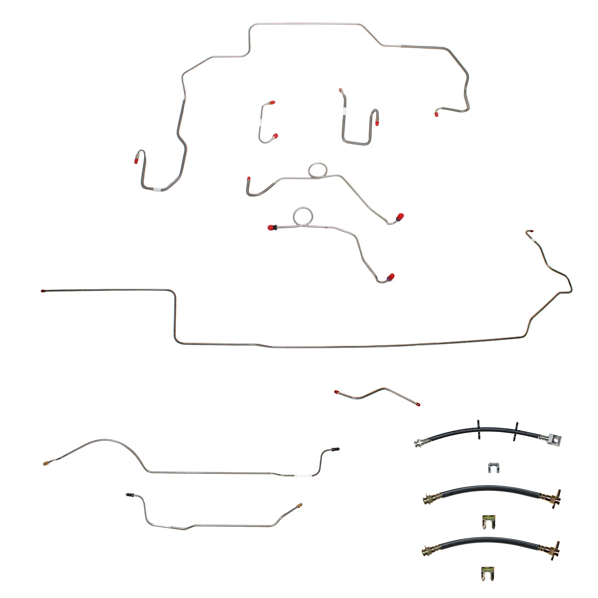 68-69 Mopar B-Body, Non-Hemi, Power Disc Brakes, Left Ported Master Cylinder, Right Front to Fender then Rises 4.5" Above Bell housing then routes UNDER Frame Rail, 8 3/4 Axle; Complete Brake Line and Hose Kit; Steel