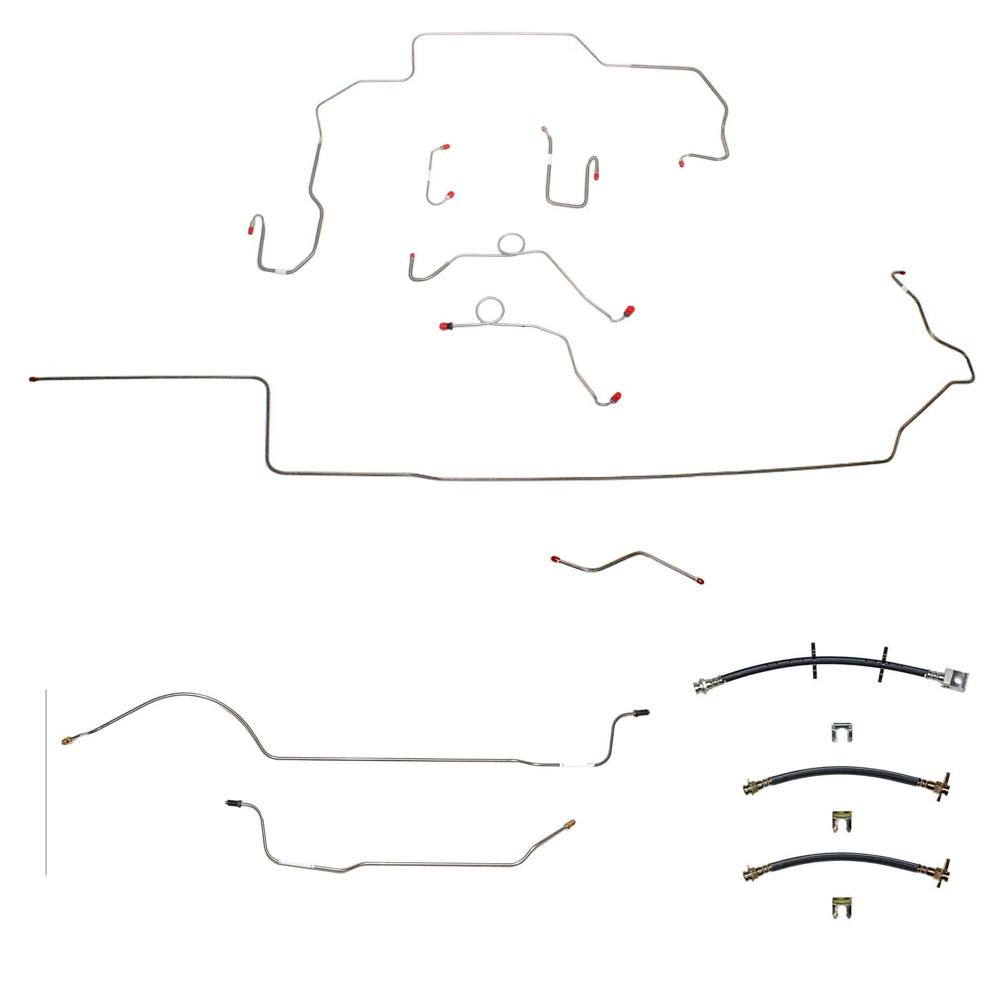 68-69 Mopar B-Body, Non-Hemi, Power Disc Brakes, Left Ported Master Cylinder, Right Front to Fender then Rises 4.5" Above Bell housing then routes UNDER Frame Rail, DANA Axle; Complete Brake Line and Hose Kit; Steel